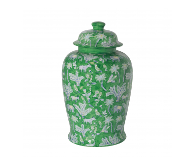 Ceramic ginger jar with lid green animal design