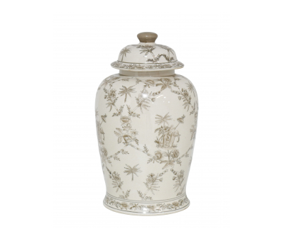 Brown and white ginger jar with beige elephant print