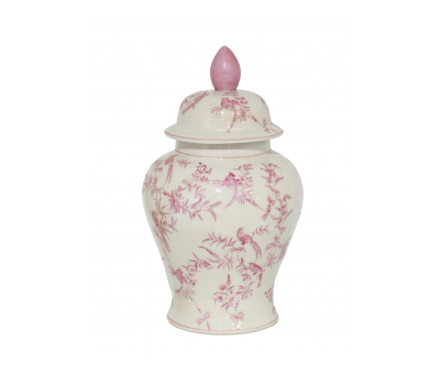 Ceramic ginger jar with pink bird print 