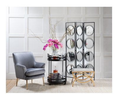 Black framed mirror room divider with swivel mirrors