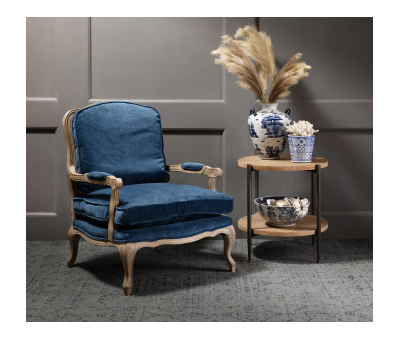blue velvet Bodine armchair with oak frame 