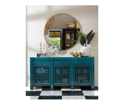 Chinese lacquered sideboard with 3 drawers and doors in teal