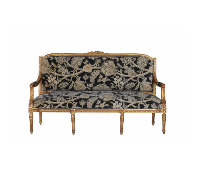 Limited edition sofa with carved wooden frame and black floral upholstery