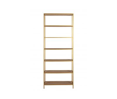 Gold metal bookshelf with wicker inlay shelving