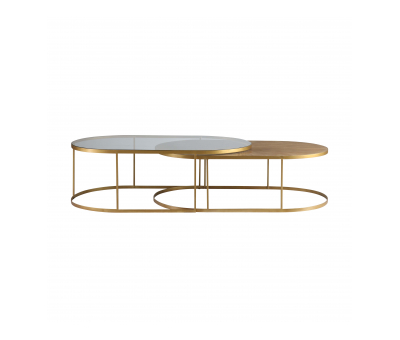 Nesting coffee table with oak  and glass top gold frame