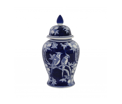 blue and white bird desing ginger jar with lid