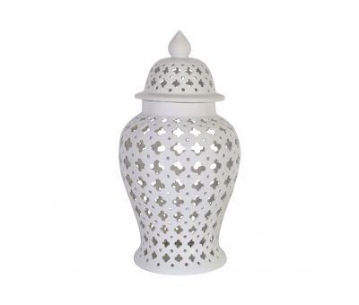 White cut out ginger jar with lid