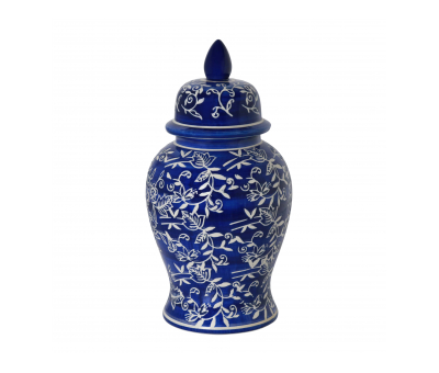 Blue and white floral print ginger jar with lid
