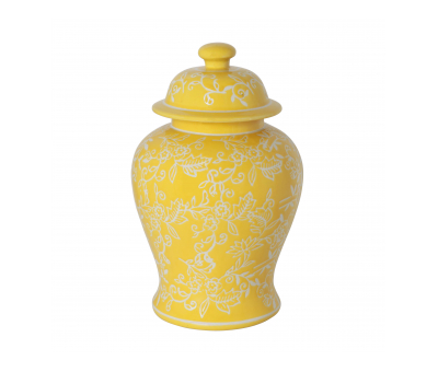 yellow and white floral print ginger jar with lid