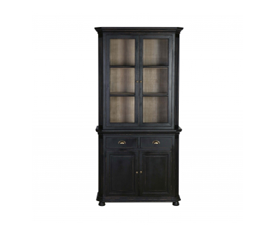 Block and chisel display cabinet with glass doors in black 
