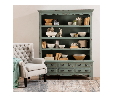 grey distressed open shelf with drawers