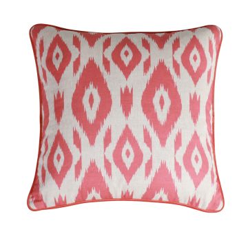 orange ikat print cushion with orange velvet backing