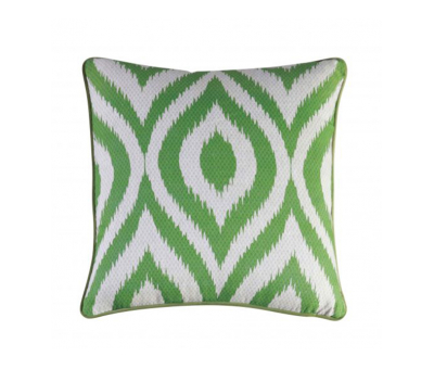Green ikat print scatter cushion with green velvet backing 