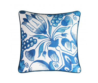 blue flower print cushion with blue velvet backing