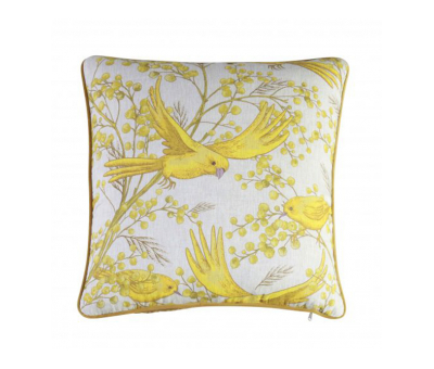 yellow bird cushion with gold velvet backing 