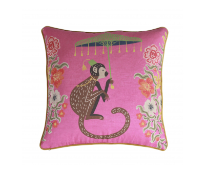 monkey with umbrella cushion pink 