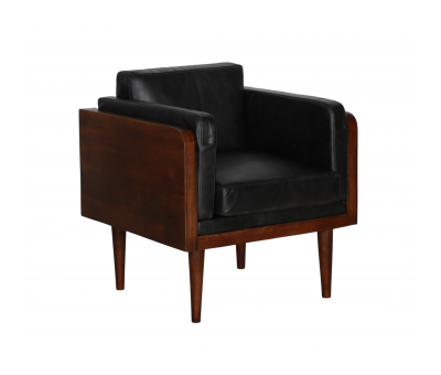 black leather chair with wooden sides and legs