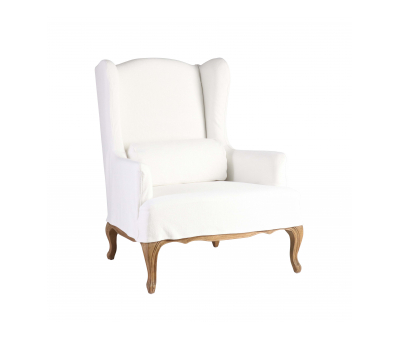 White wingback chair with brown wooden legs
