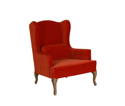 orange velvet wingback chair with oak legs Château collection