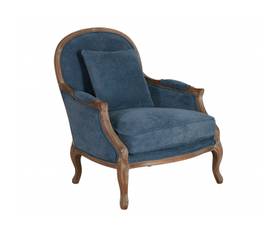 Blue chenille upholstered armchair with oak frame