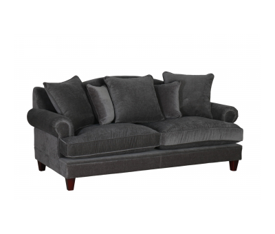 Charcoal velvet sofa with loose back scatter cushions