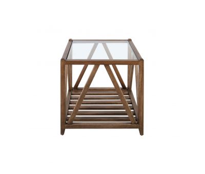 Block & Chisel square solid antique weathered oak side table with a glass top