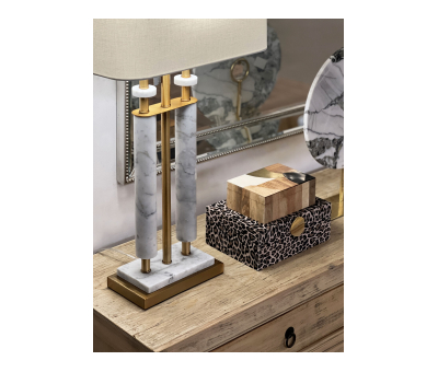 Twin-column marble and gold lamp base with linen shade