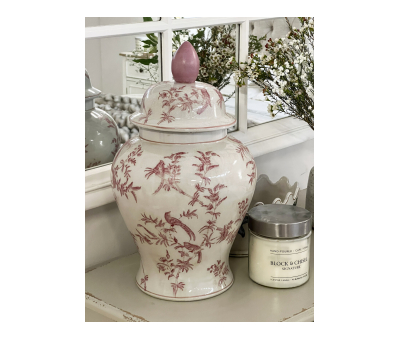 Ceramic ginger jar with pink and green floral print 