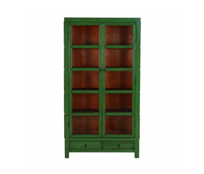 Green lacquered display cabinet with glass doors