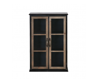 wood and metal storage cabinet with glass doors