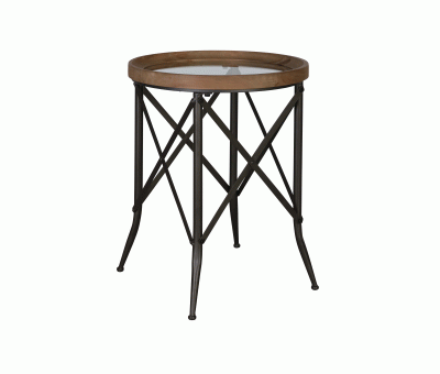 industrial wood and metal side table with glass top