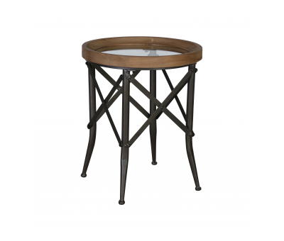 Industrial round side table metal and wood with glass top