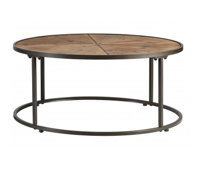 wooden circular coffee table with metal legs