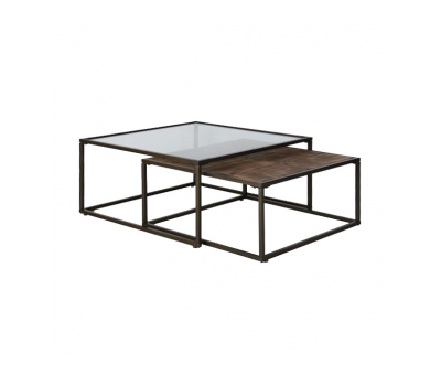 Glass and wood square coffee table with metal frame 