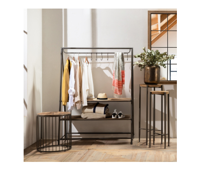 metal and wood shelving unit with hooks