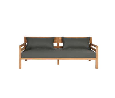 Block & Chisel outdoor teak 2 seater sofa with grey cushions