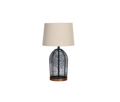 table lamp with black cage-like metal base and linen shade 