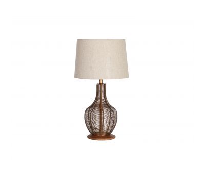 Table lamp with wired cage-like base brass with linen shade 