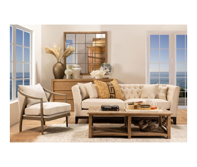 Karissa Beige 3 seater Sofa with tufted detailed back and wooden legs