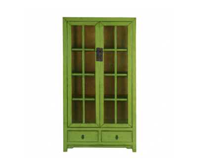 Lime green display cabinet with glass doors