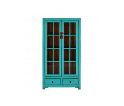 turquoise lacquered chinese cabinet with glass doors