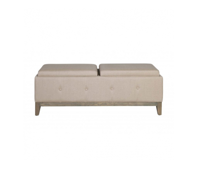 Cleopatra Bedend in linen with tufted detail and wooden legs with convertible trays