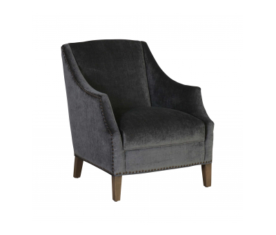 grey velvet upholstered armchair with stud detail