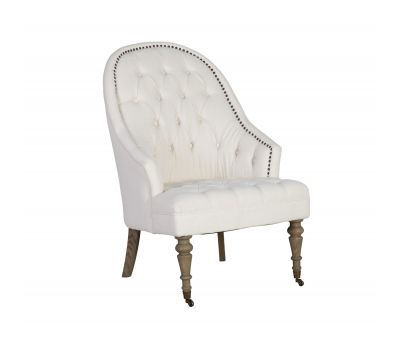 cream upholstered deco chair with deep buttoned detail, oak legs and castors, Château Collection 