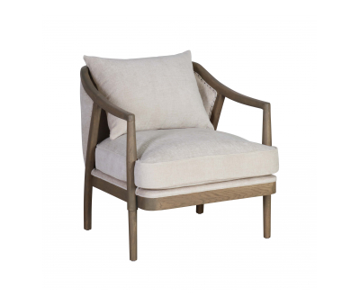 Beige upholstered accent chair with oak frame 