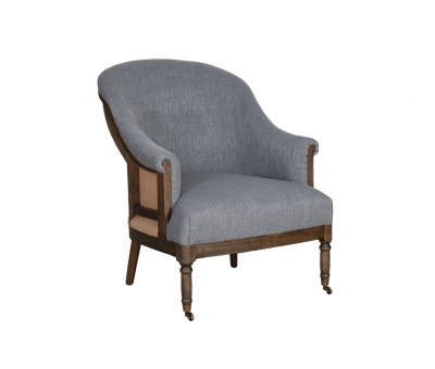grey upholstered deconstructed chair on castors