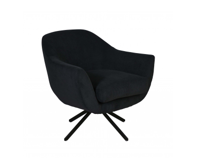 Swivel tub chair with black metal legs upholstered in a charcoal fabric. 