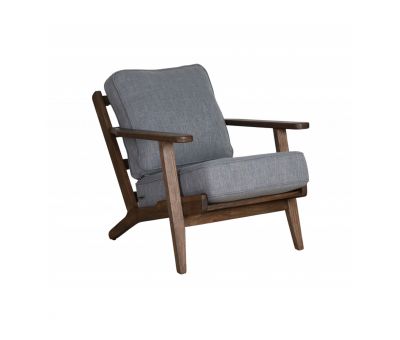 Modern armchair, wooden frame with cream back and seat cushion