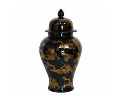 black ceramic jar with gold dragon print 