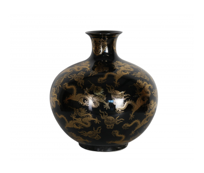 black ceramic vase with gold print 